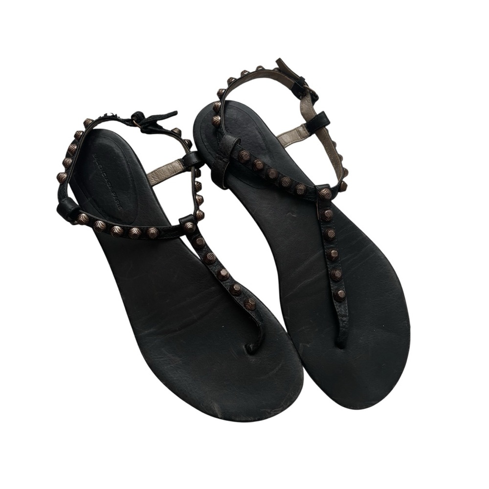 BALENCIAGA Women's Black Leather T-Strap Studded Thing Sandals Size 41 Authentic